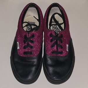 Vans Black Leather and Pink Glitter Classic Lace Sneakers